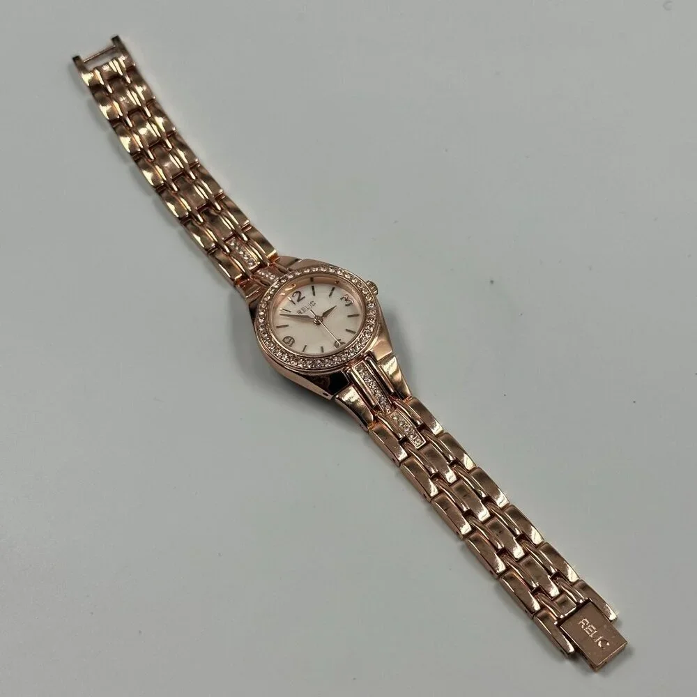 Relic Watch Women Rose Gold Tone Crystal Bezel 26MM Round New Battery 7 Inch